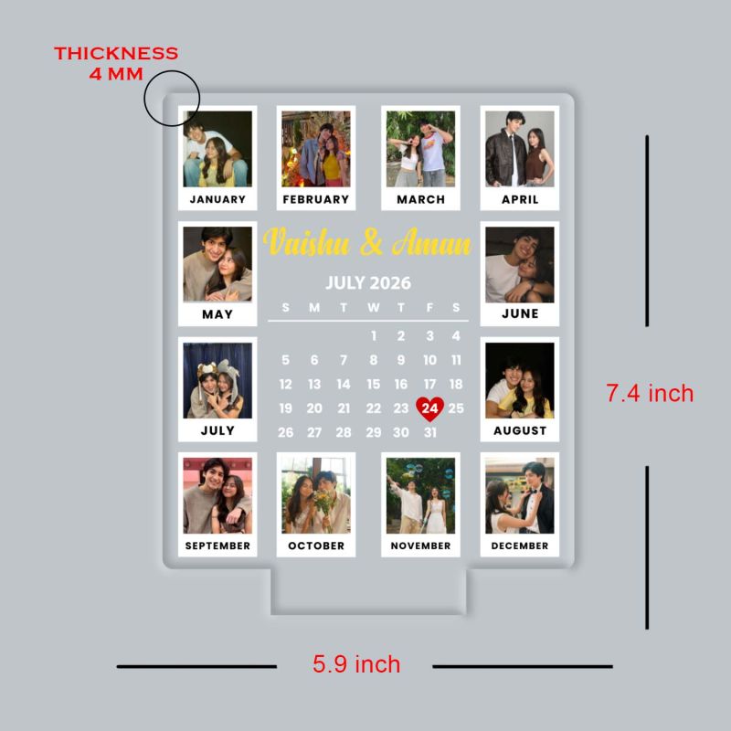 Calendar Couple Photo UV Print Lamp with Warm White Glow Light Unique Anniversary, Birthday, or Wedding Gift for Couples, Wife, Husband,